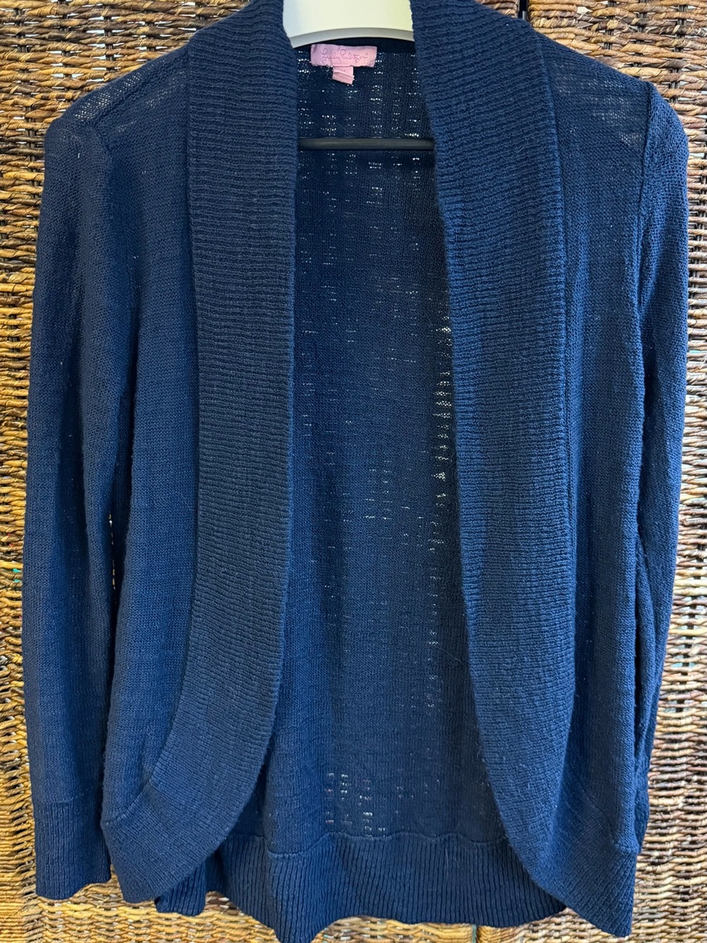 Lilly Pulitzer- Amalie-Navy Open-Front Shawl Collar Cardigan, Medium